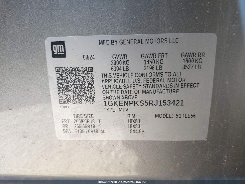 2024 GMC Acadia Awd At4 VIN: 1GKENPKS5RJ153421 Lot: 43767208