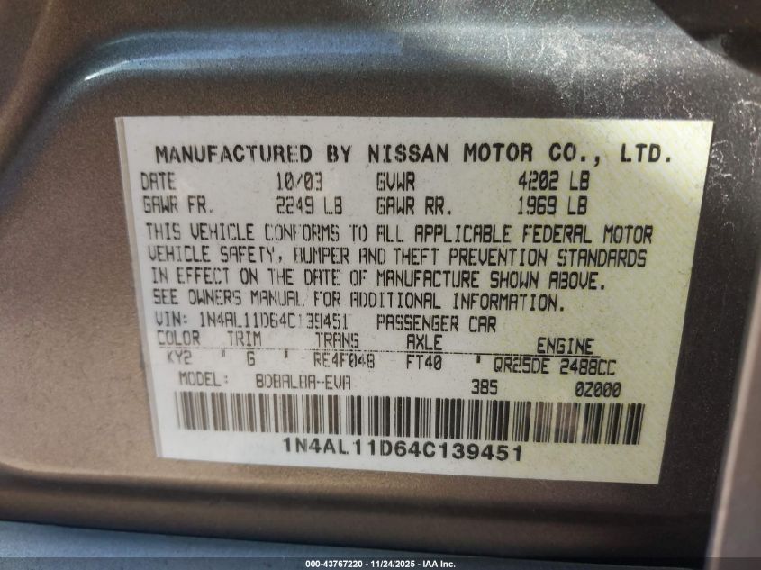 2004 Nissan Altima 2.5 S VIN: 1N4AL11D64C139451 Lot: 43767220