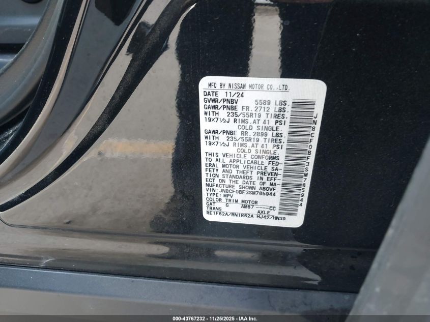 2025 Nissan Ariya Engage VIN: JN8CF0BF3SM765944 Lot: 43767232