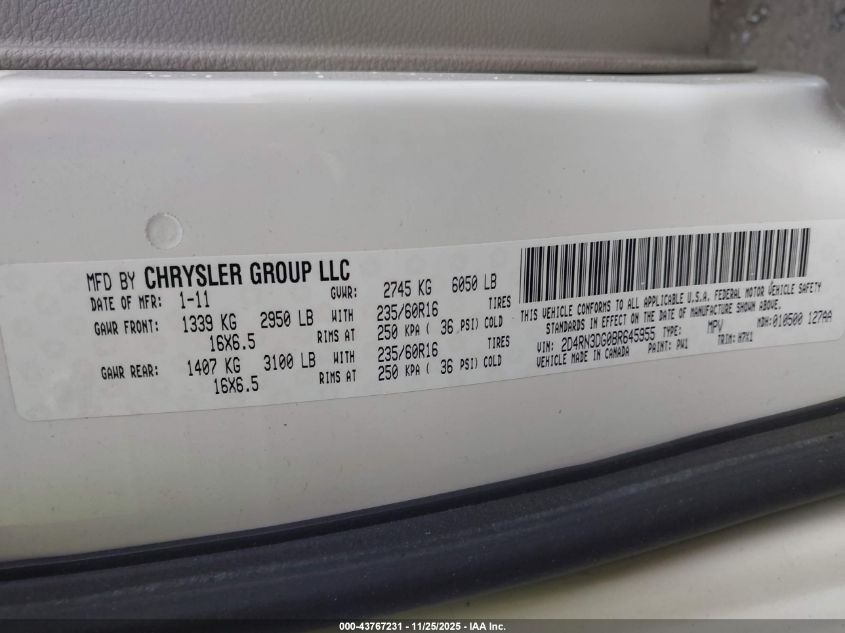 2011 Dodge Grand Caravan Mainstreet VIN: 2D4RN3DG0BR645955 Lot: 43767231