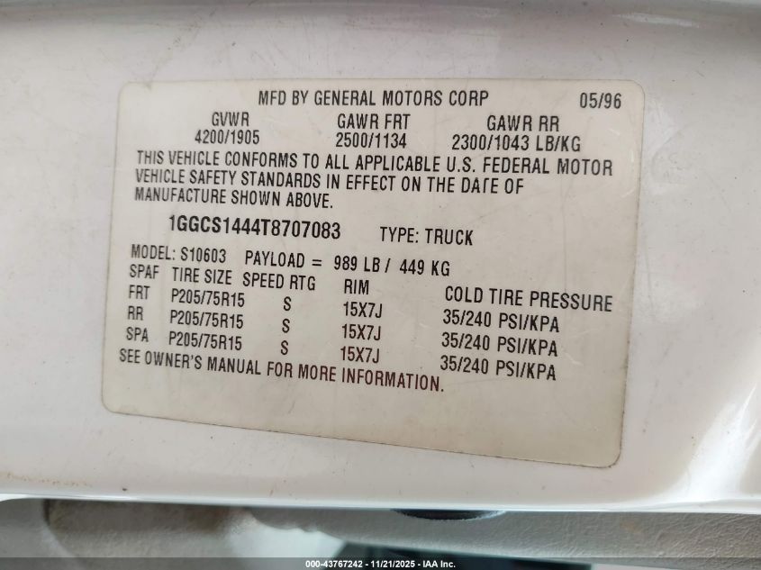 1996 Isuzu Hombre VIN: 1GGCS1444T8707083 Lot: 43767242