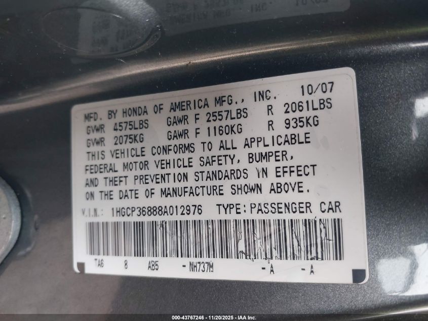 2008 Honda Accord 3.5 Ex-L VIN: 1HGCP36888A012976 Lot: 43767246