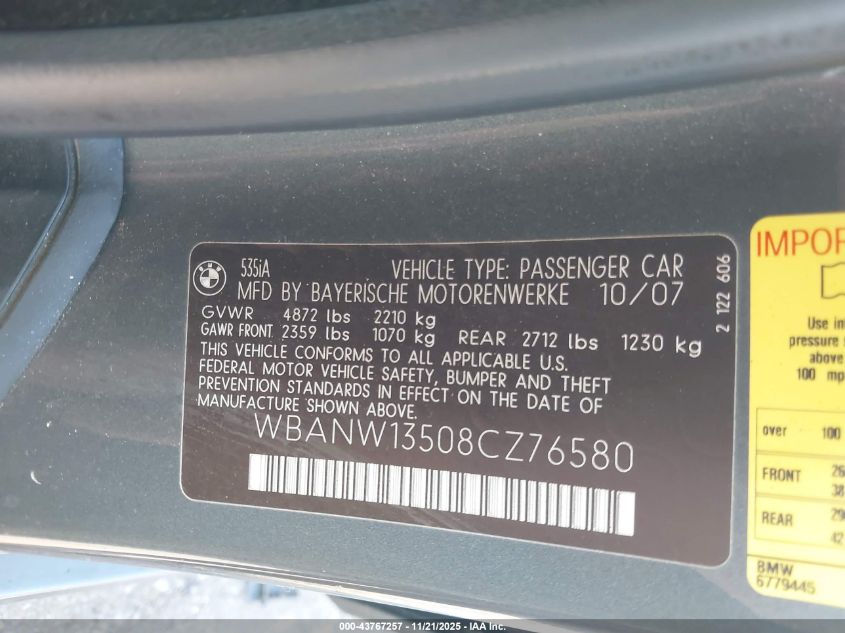 2008 BMW 535I VIN: WBANW13508CZ76580 Lot: 43767257