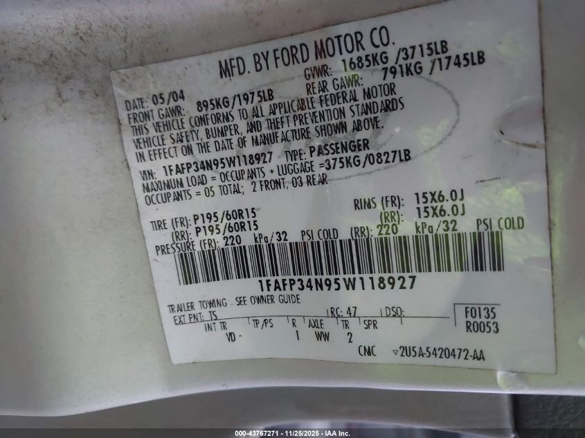 2005 Ford Focus Zx4 VIN: 1FAFP34N95W118927 Lot: 43767271