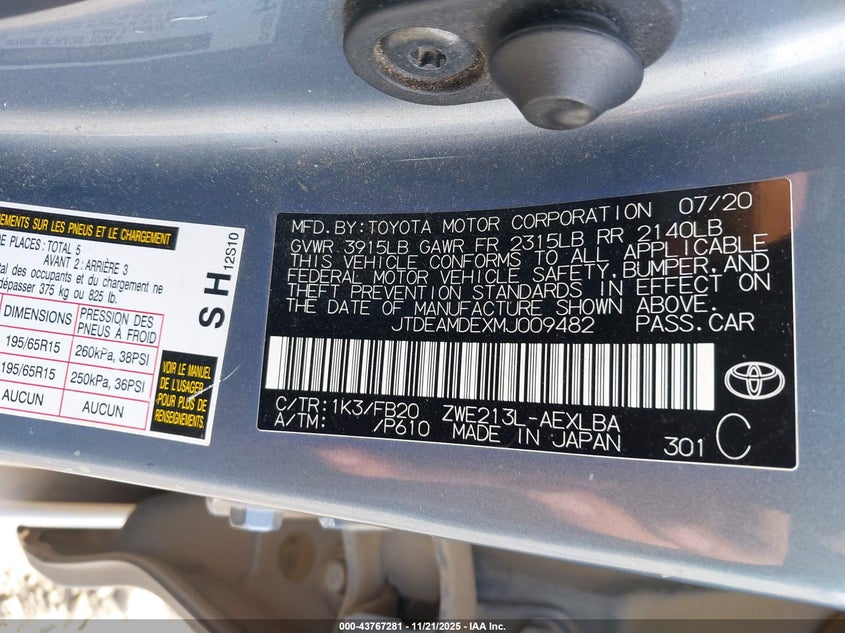 VIN JTDEAMDEXMJ009482 2021 TOYOTA COROLLA HYBRID LE