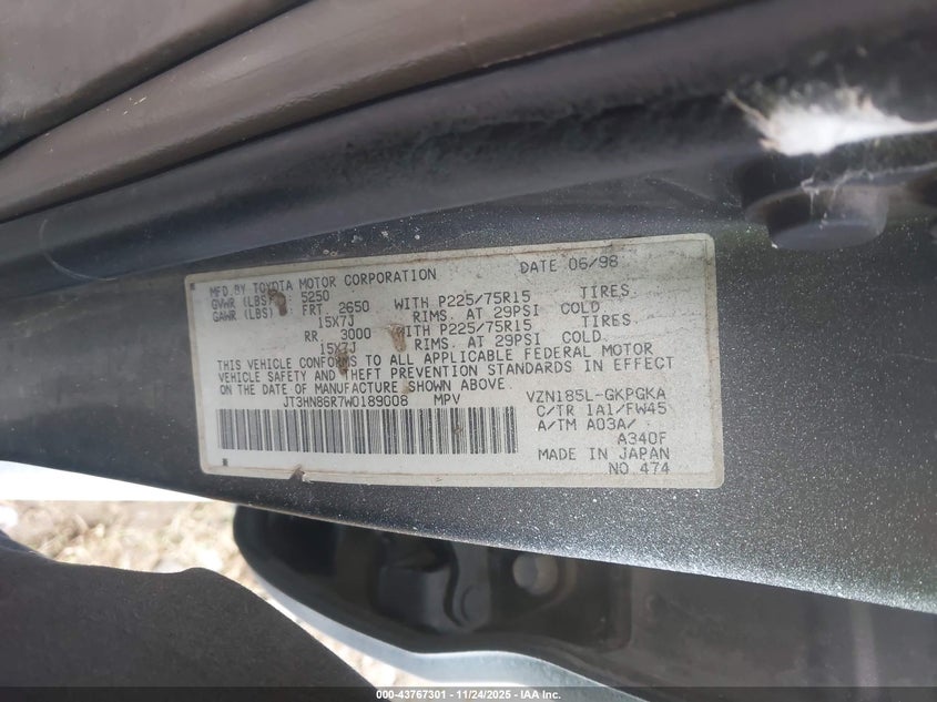 1998 Toyota 4Runner Sr5 V6 VIN: JT3HN86R7W0189008 Lot: 43767301