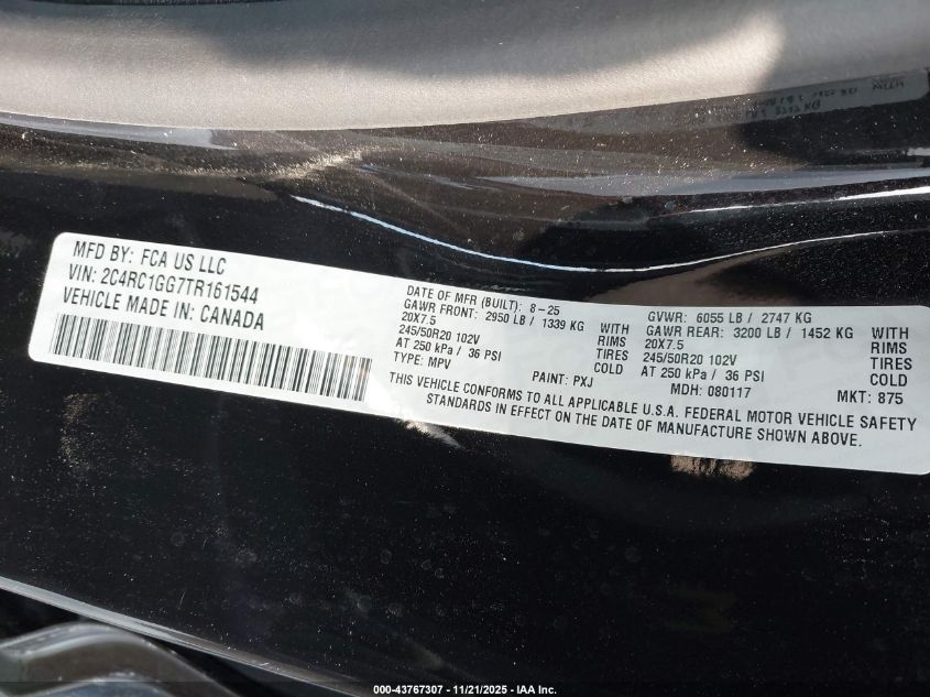 2026 Chrysler Pacifica Limited VIN: 2C4RC1GG7TR161544 Lot: 43767307