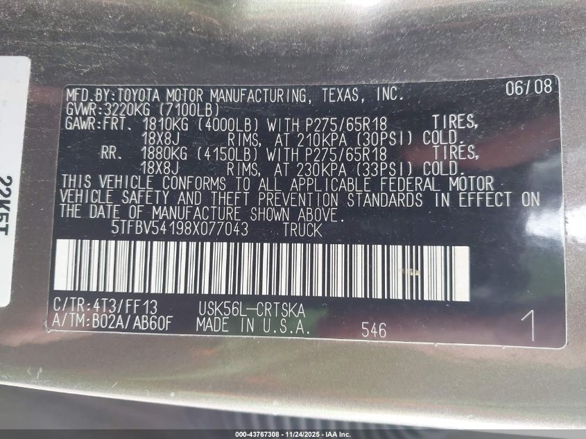 2008 Toyota Tundra Sr5 5.7L V8 VIN: 5TFBV54198X077043 Lot: 43767308