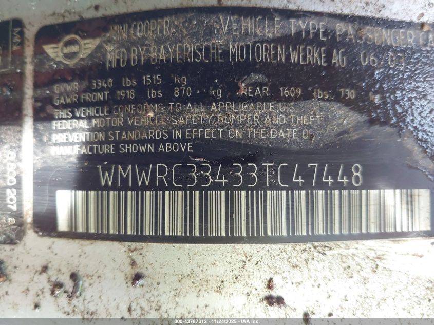 2003 Mini Cooper VIN: WMWRC33433TC47448 Lot: 43767312