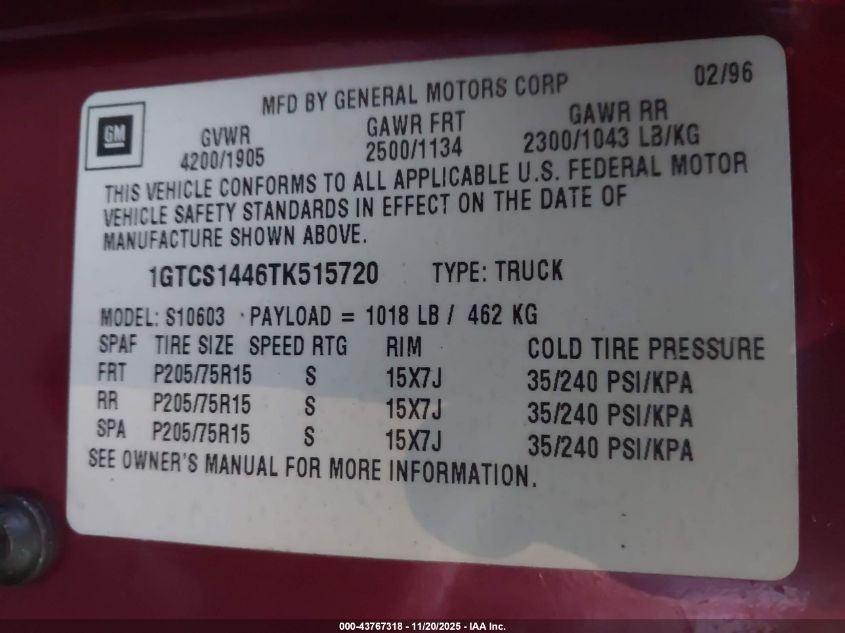 1996 GMC Sonoma VIN: 1GTCS1446TK515720 Lot: 43767318