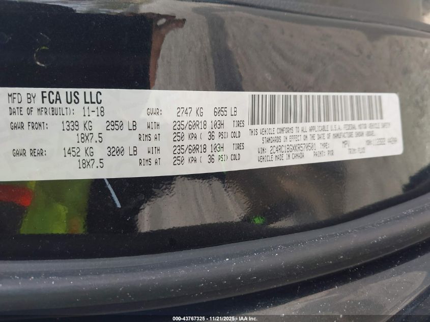 2019 Chrysler Pacifica Touring L VIN: 2C4RC1BGXKR570501 Lot: 43767325