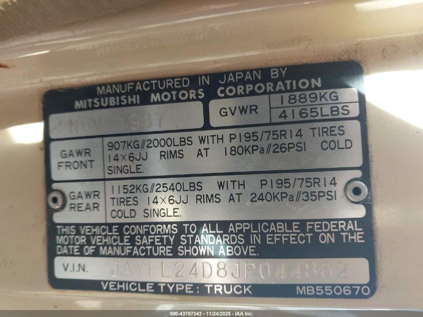1988 Mitsubishi Mighty Max / S VIN: JA7FL24D8JP044862 Lot: 43767343