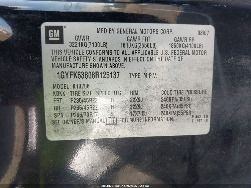2008 Cadillac Escalade Standard VIN: 1GYFK63808R125137 Lot: 43767362