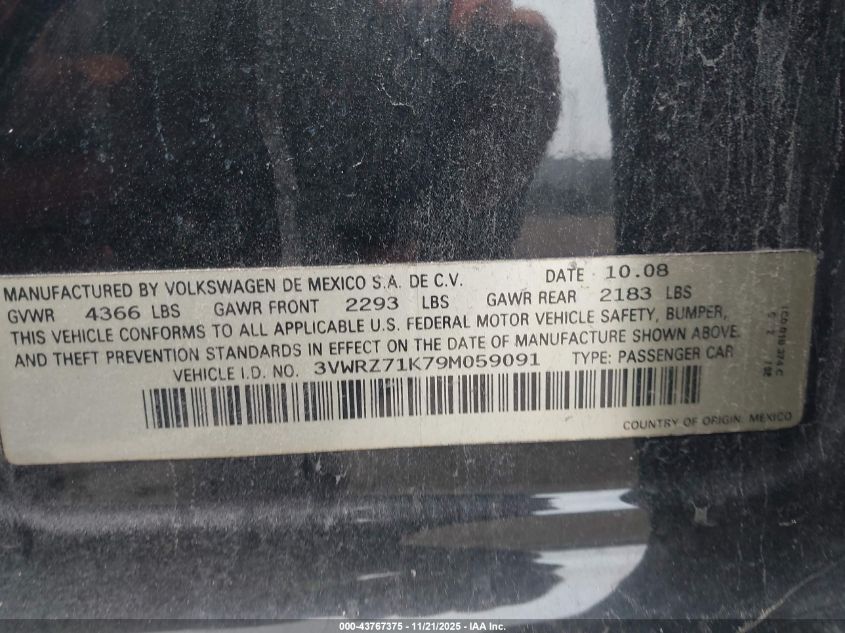 2009 Volkswagen Jetta Se/Sel VIN: 3VWRZ71K79M059091 Lot: 43767375
