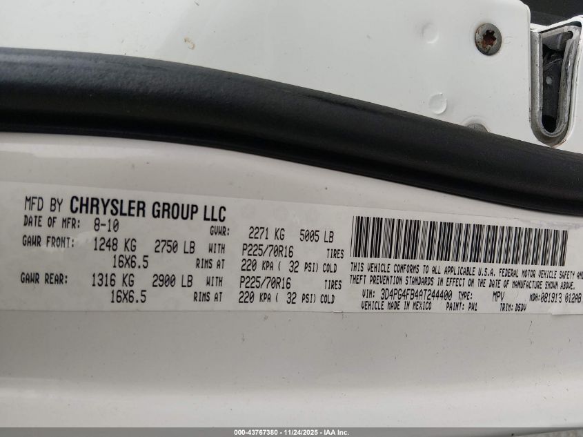 2010 Dodge Journey Se VIN: 3D4PG4FB4AT244400 Lot: 43767380