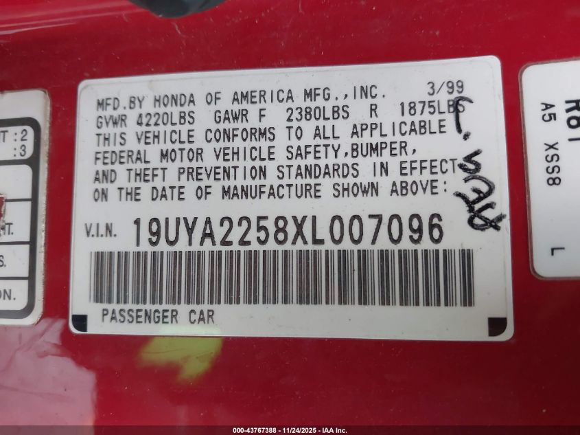 1999 Acura Cl 3.0 VIN: 19UYA2258XL007096 Lot: 43767388