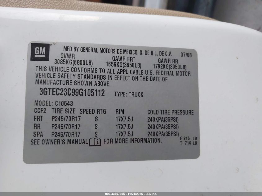 2009 GMC Sierra 1500 Sle VIN: 3GTEC23C99G105112 Lot: 43767395