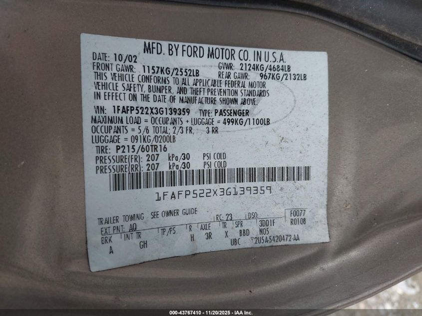 2003 Ford Taurus Lx VIN: 1FAFP522X3G139359 Lot: 43767410