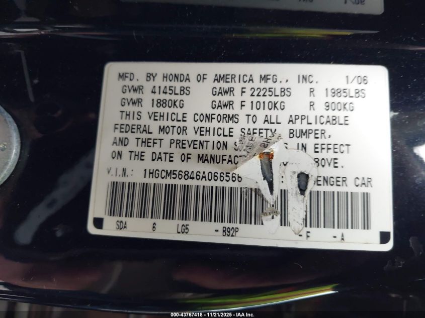 2006 Honda Accord 2.4 Ex VIN: 1HGCM56846A066566 Lot: 43767418