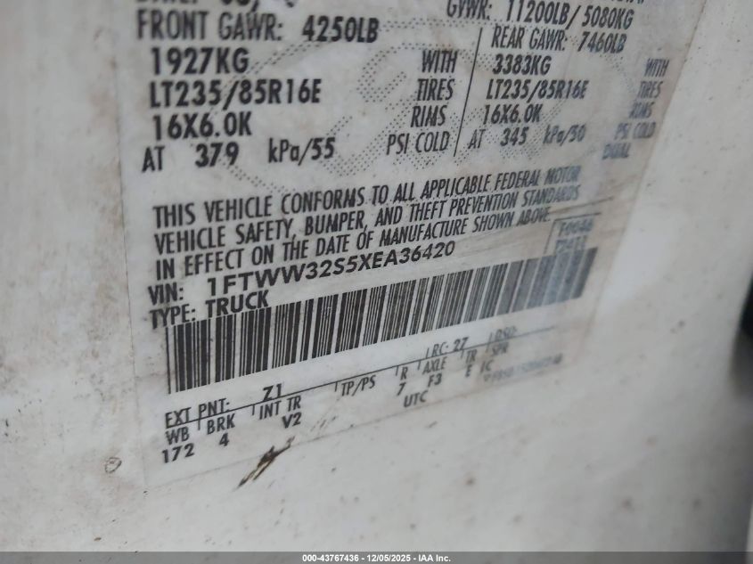 1999 Ford F-350 Lariat/Xl/Xlt VIN: 1FTWW32S5XEA36420 Lot: 43767436