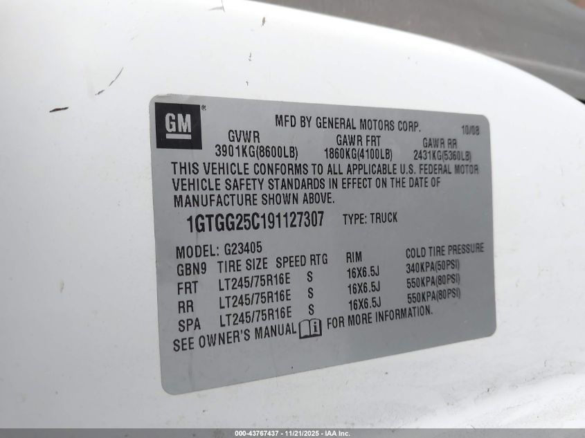 2009 GMC Savana 2500 Work Van VIN: 1GTGG25C191127307 Lot: 43767437