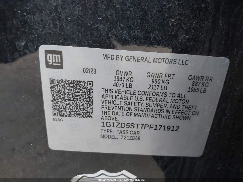 2023 Chevrolet Malibu Fwd 1Lt VIN: 1G1ZD5ST7PF171912 Lot: 43767439