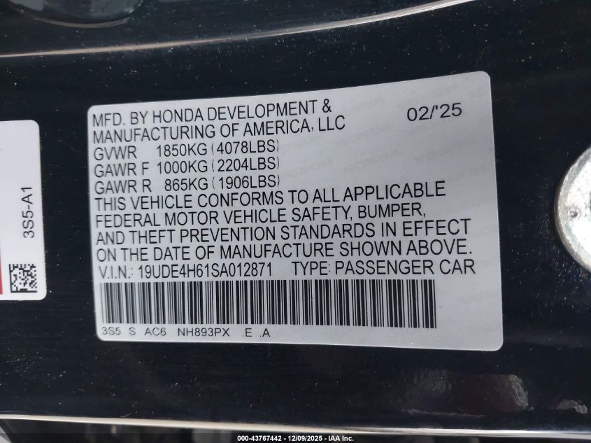 2025 Acura Integra A-Spec Technology VIN: 19UDE4H61SA012871 Lot: 43767442