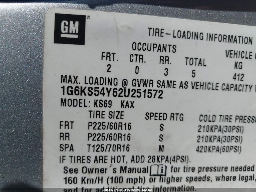 2002 Cadillac Seville Sls VIN: 1G6KS54Y62U251572 Lot: 43767458