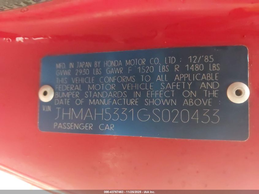 1986 Honda Civic 1.5 Si VIN: JHMAH5331GS020433 Lot: 43767463
