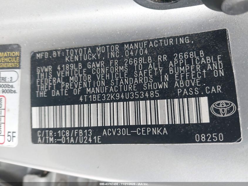 2004 Toyota Camry Le VIN: 4T1BE32K94U353485 Lot: 43767498