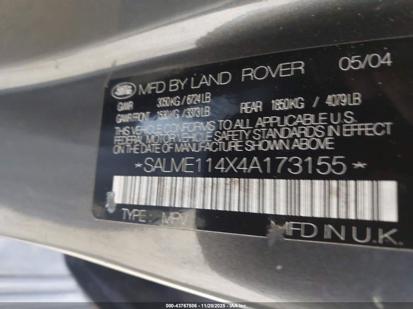 2004 Land Rover Range Rover Hse VIN: SALME114X4A173155 Lot: 43767506