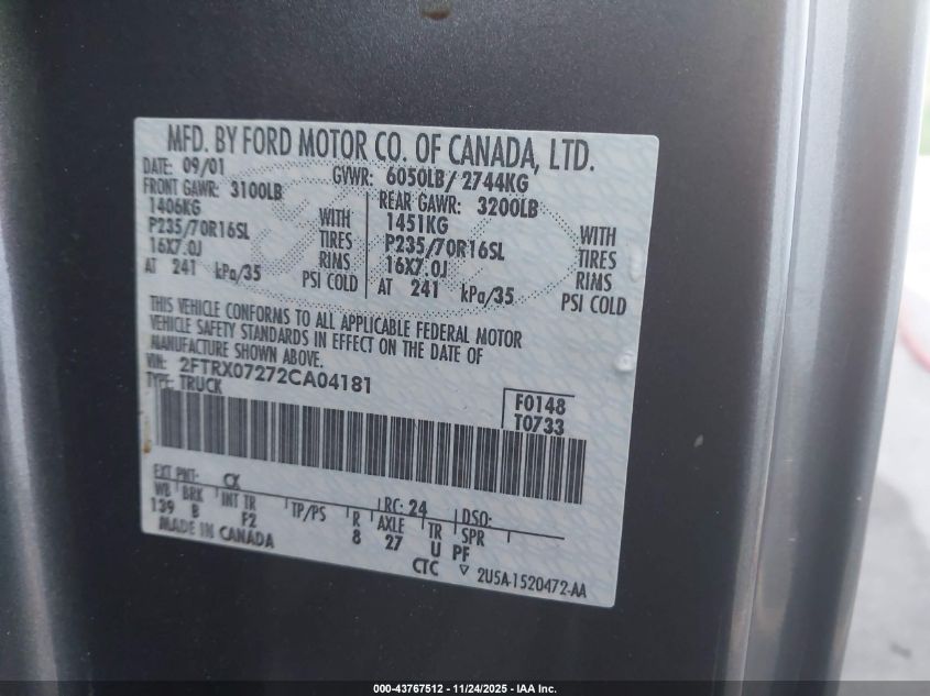 2002 Ford F-150 Xl/Xlt VIN: 2FTRX07272CA04181 Lot: 43767512