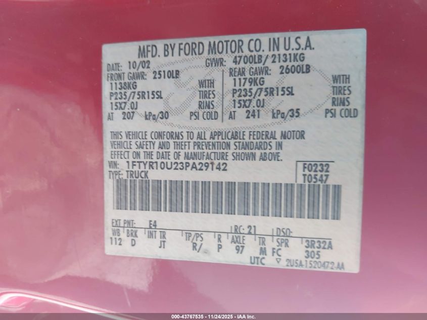 2003 Ford Ranger Edge/Xl/Xlt VIN: 1FTYR10U23PA29142 Lot: 43767535