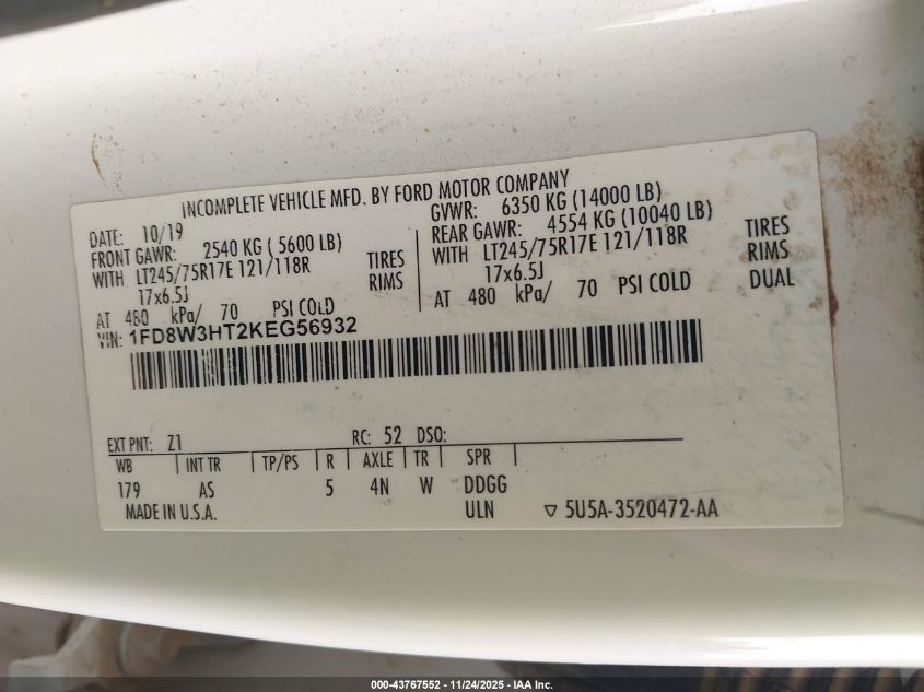 2019 Ford F-350 Chassis Xl VIN: 1FD8W3HT2KEG56932 Lot: 43767552