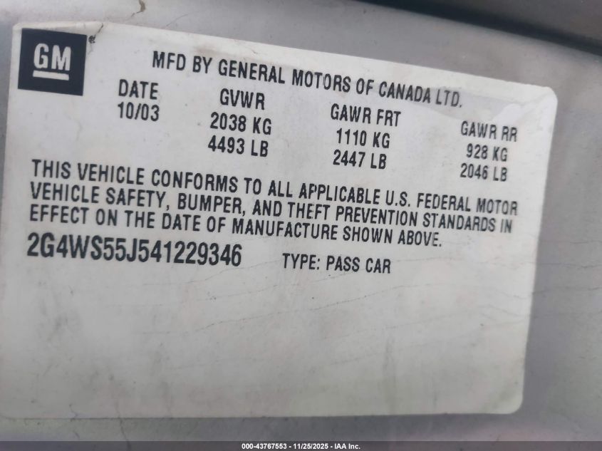 2004 Buick Century VIN: 2G4WS55J541229346 Lot: 43767553