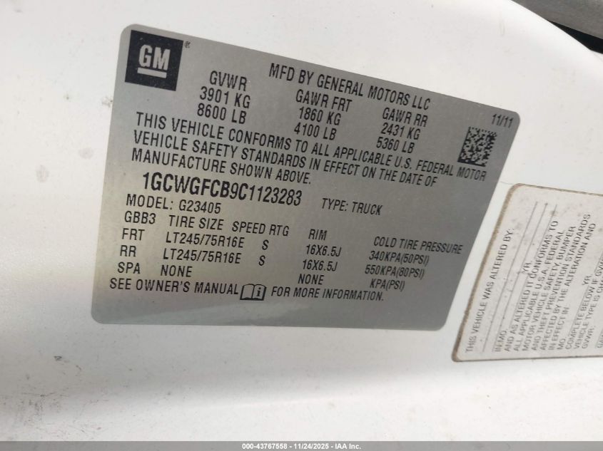 2012 Chevrolet Express 2500 Work Van VIN: 1GCWGFCB9C1123283 Lot: 43767558