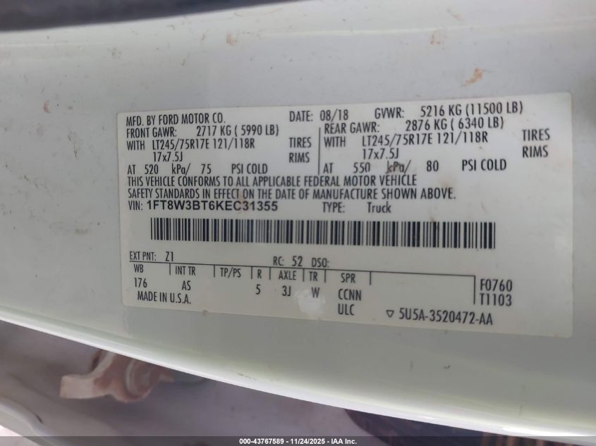 2019 Ford Super Duty F-350 Srw Xl VIN: 1FT8W3BT6KEC31355 Lot: 43767589