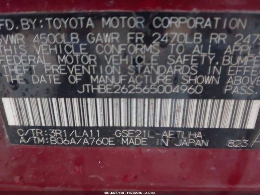 2006 Lexus Is 350 VIN: JTHBE262565004960 Lot: 43767598