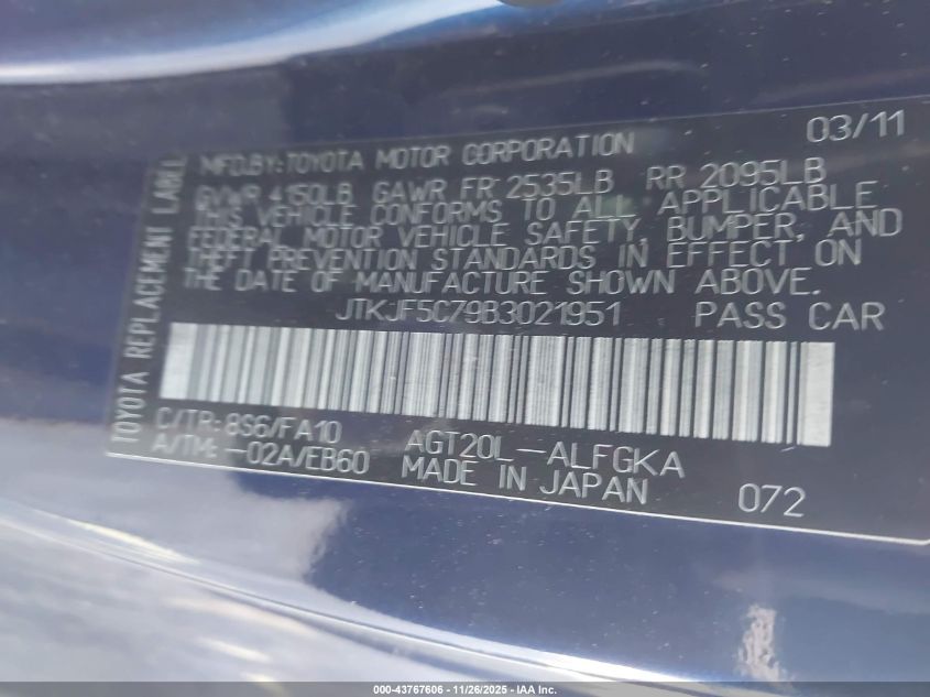 2011 Scion Tc VIN: JTKJF5C79B3021951 Lot: 43767606