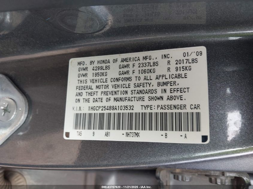 2009 Honda Accord 2.4 Lx-P VIN: 1HGCP25489A103532 Lot: 43767620