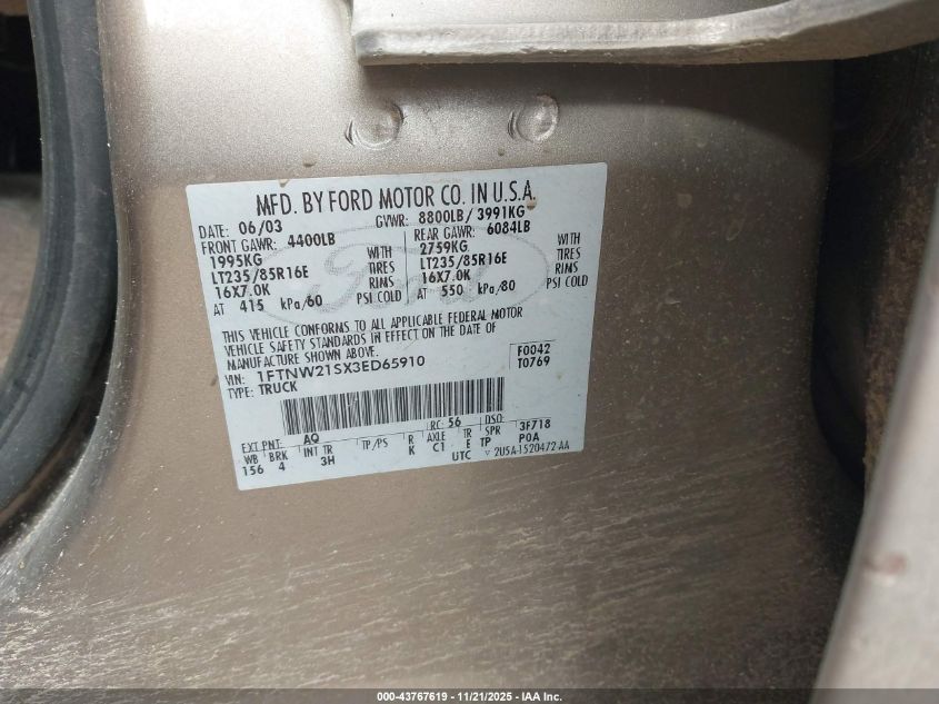 2003 Ford F-250 Lariat/Xl/Xlt VIN: 1FTNW21SX3ED65910 Lot: 43767619