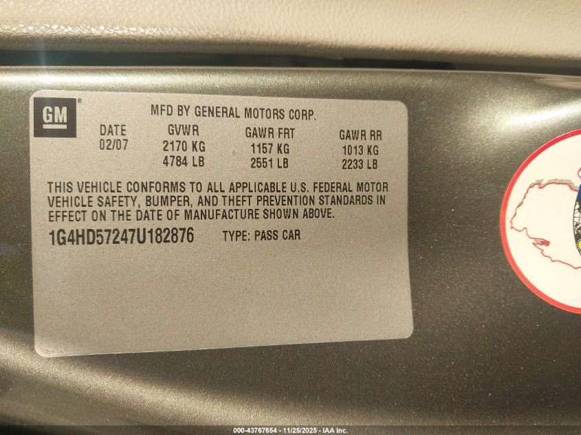 2007 Buick Lucerne Cxl VIN: 1G4HD57247U182876 Lot: 43767654