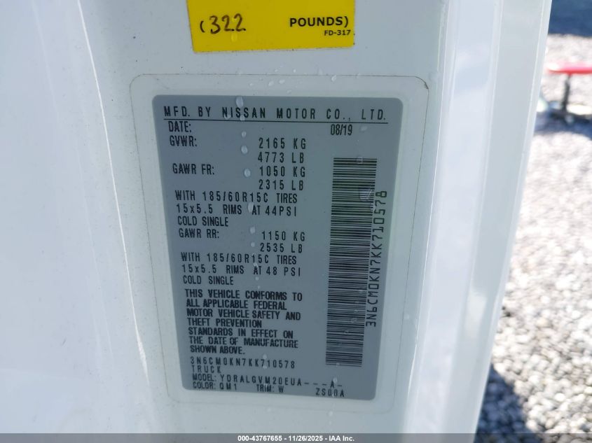 2019 Nissan Nv200 Sv VIN: 3N6CM0KN7KK710578 Lot: 43767655