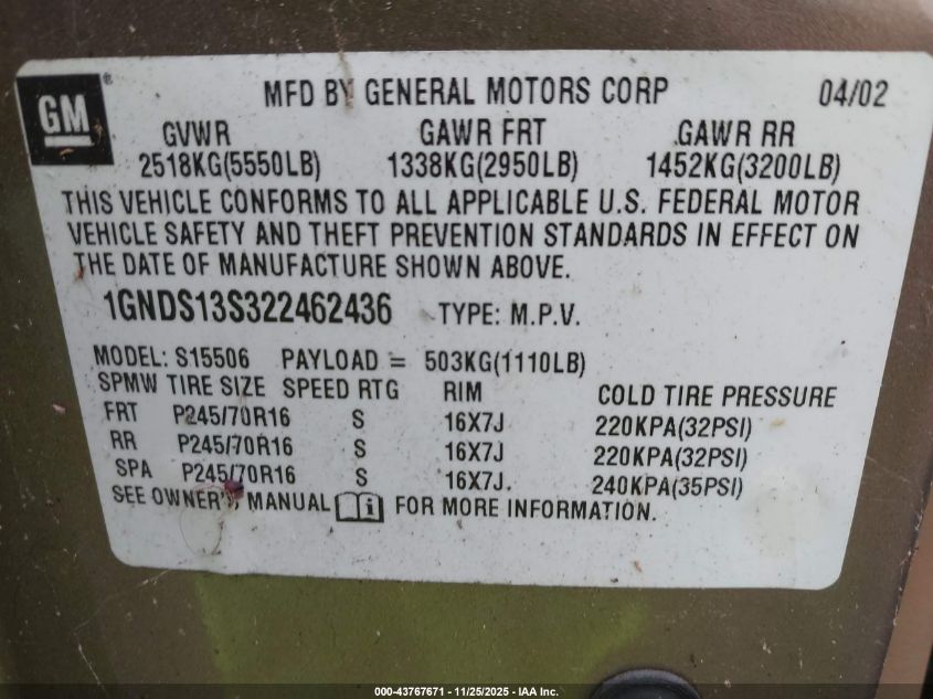 2002 Chevrolet Trailblazer Ls VIN: 1GNDS13S322462436 Lot: 43767671