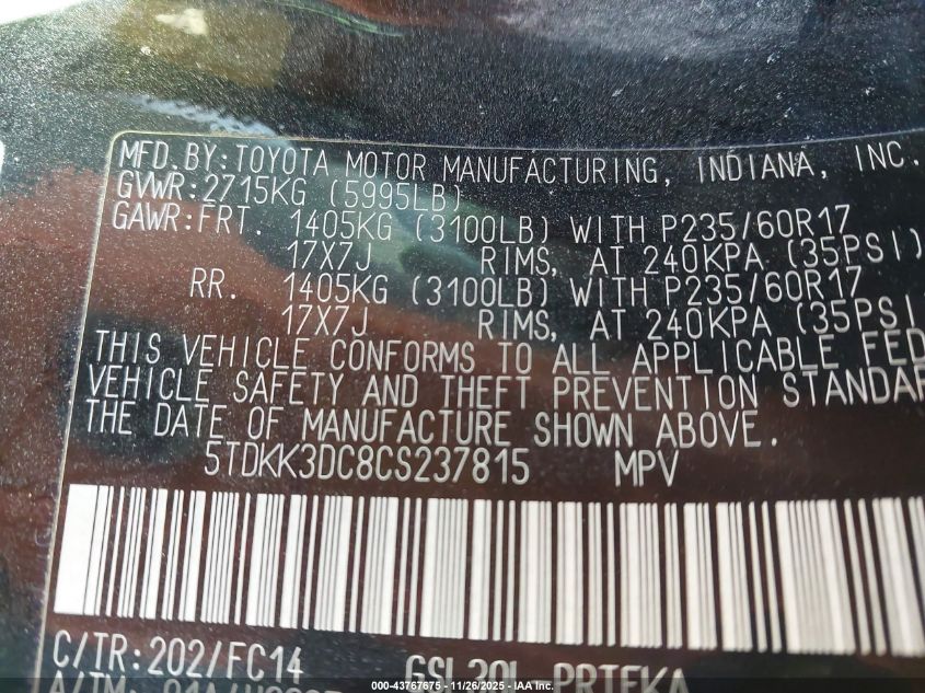 2012 Toyo Sienna Le Fwd W/8-Pa Le V6 8 Passenger VIN: 5TDKK3DC8CS237815 Lot: 43767675