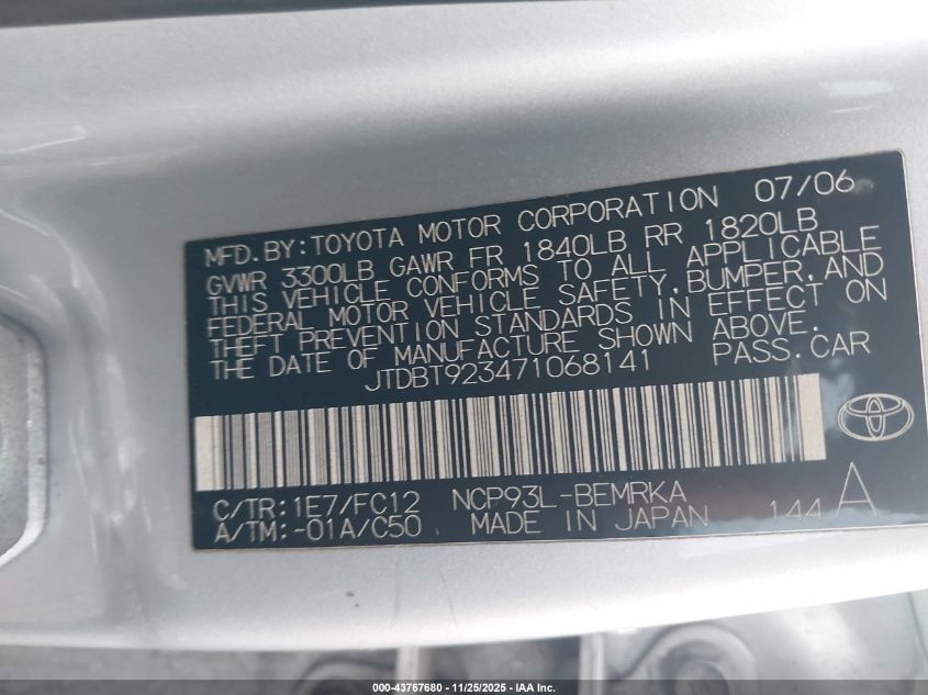 2007 Toyota Yaris VIN: JTDBT923471068141 Lot: 43767680