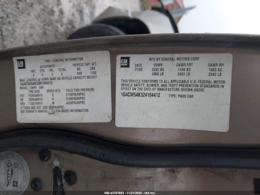 2002 Buick Park Avenue VIN: 1G4CW54K324184412 Lot: 43767683