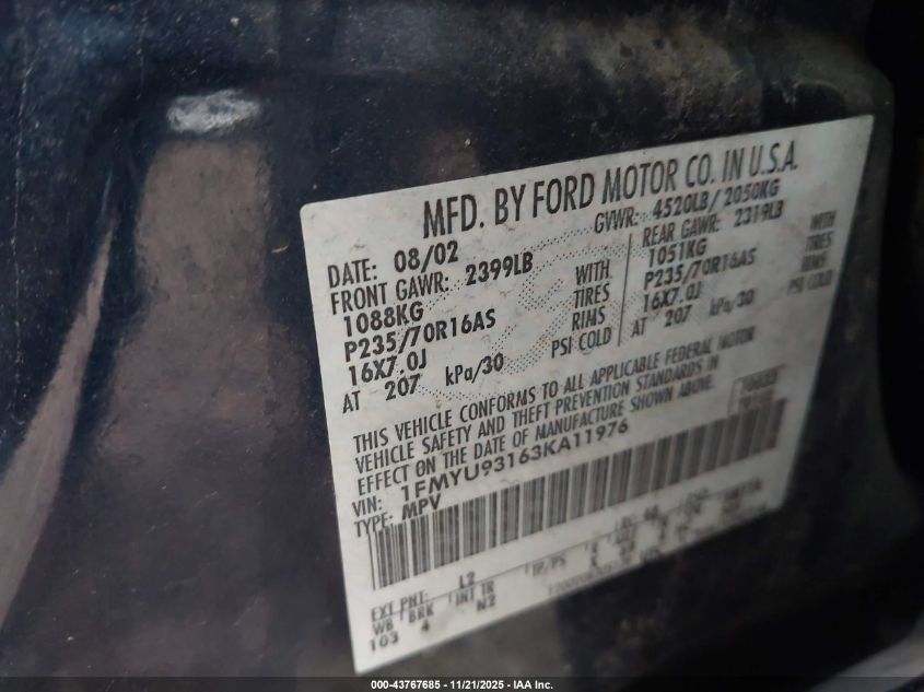 2003 Ford Escape Xlt VIN: 1FMYU93163KA11976 Lot: 43767685