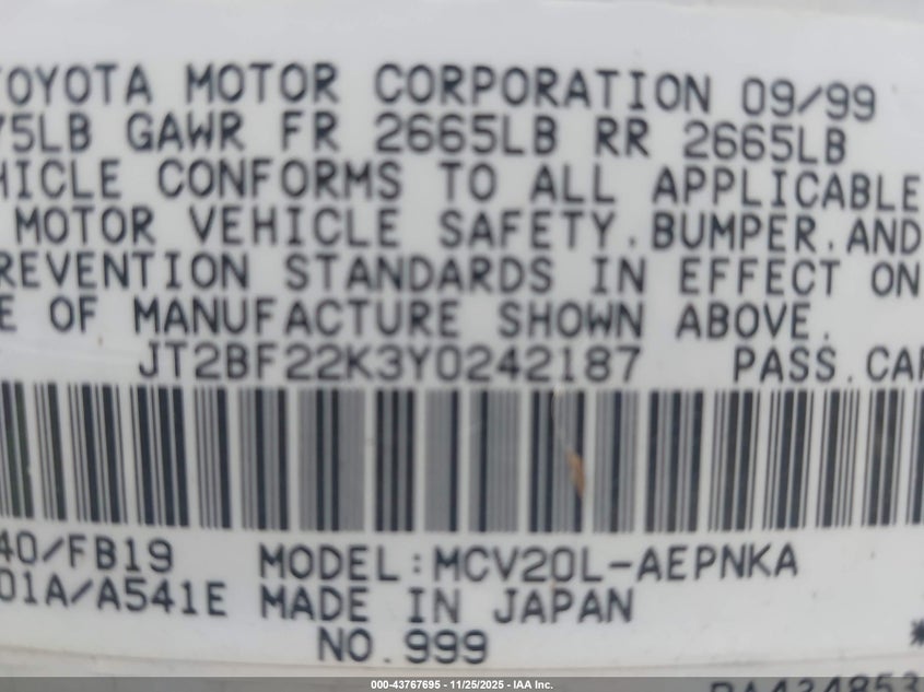 JT2BF22K3Y0242187 2000 TOYOTA CAMRY photo no. 9