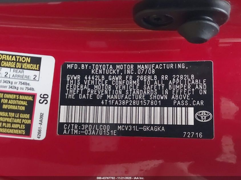 2008 Toyota Camry Solara Sle VIN: 4T1FA38P28U157801 Lot: 43767702